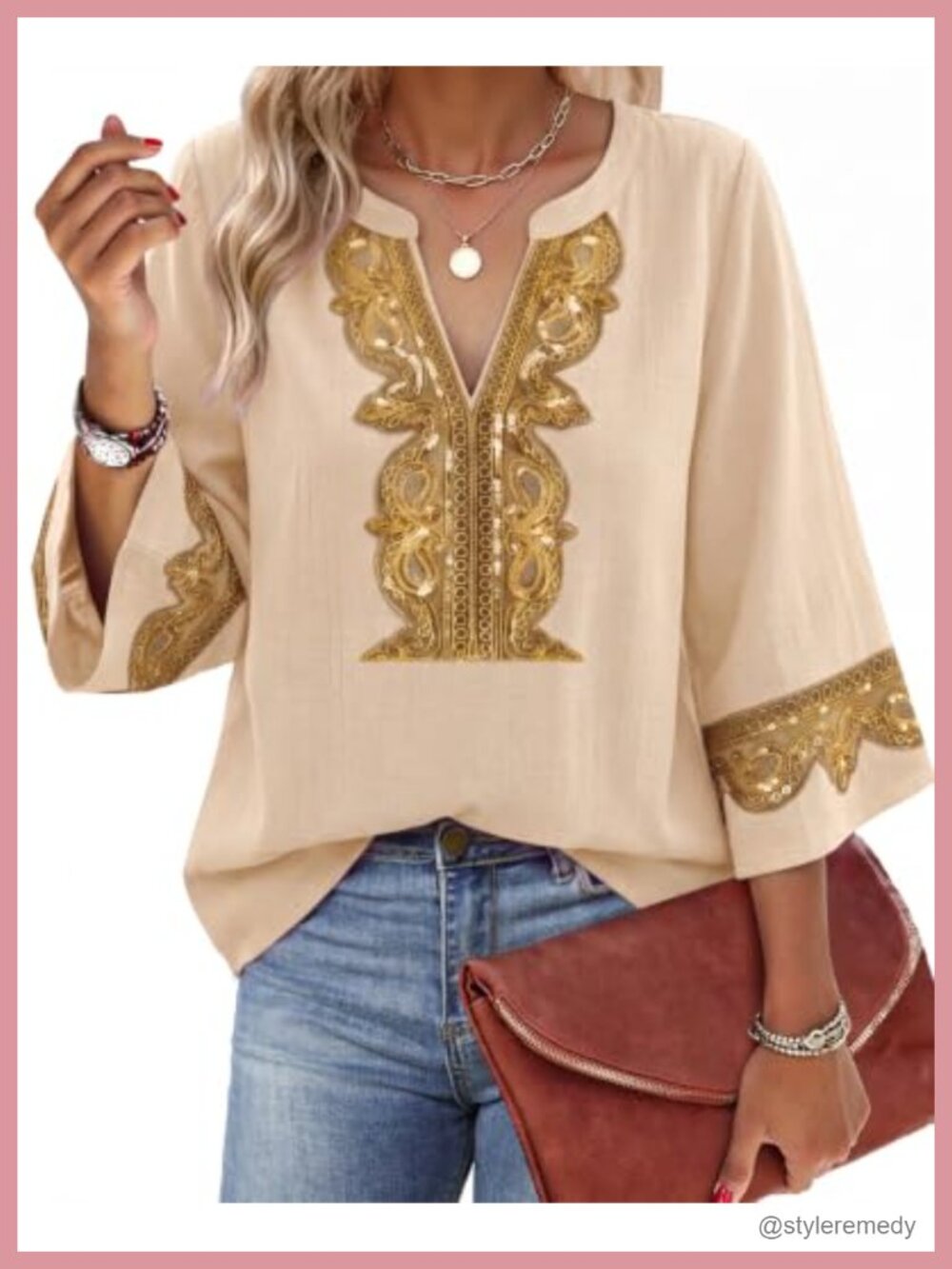 Embroidered V Neck Bell Sleeve Tunic Top 3/4 Sleeve Boho Blouse